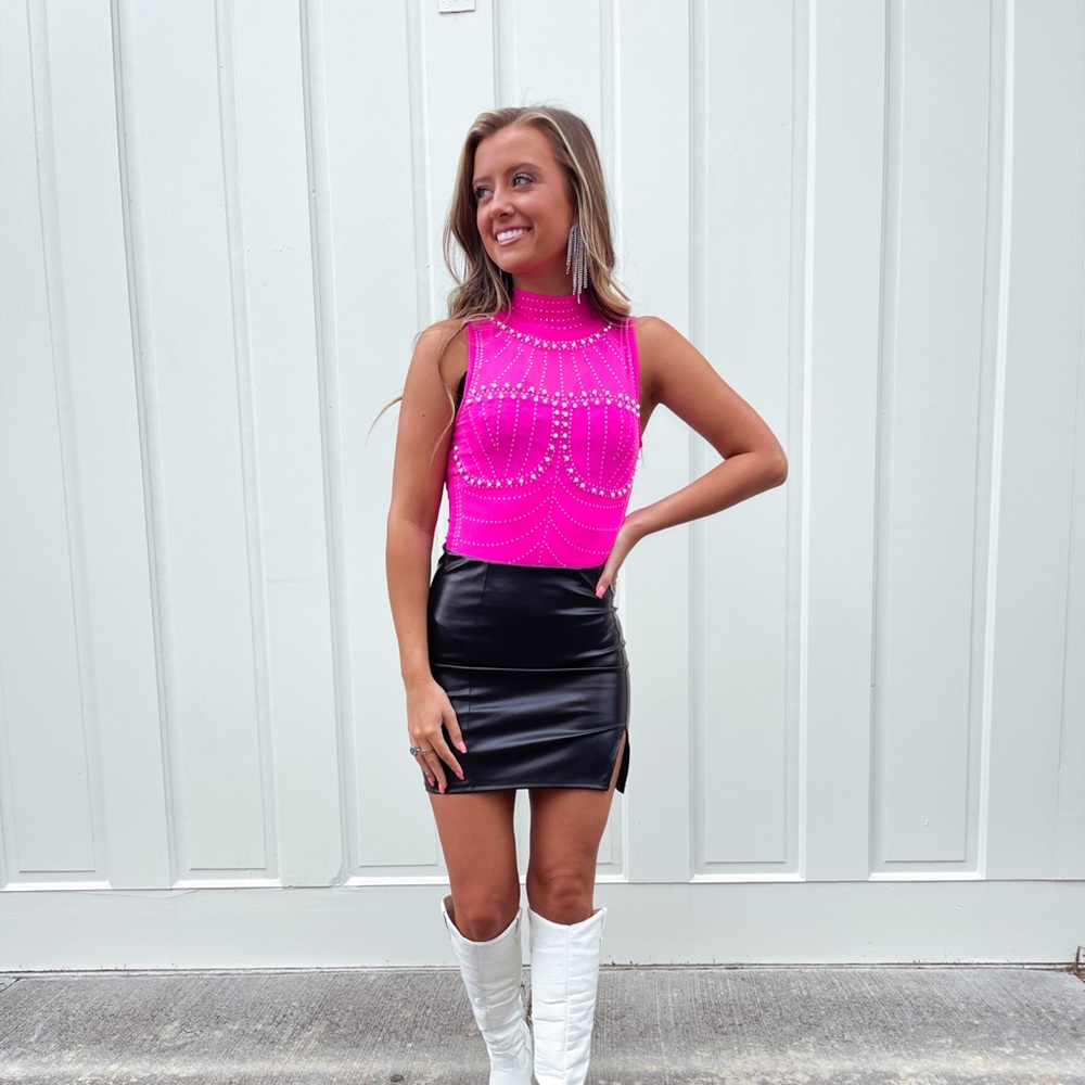 Vibrant Pink Bodysuit with Silver Studded Detail